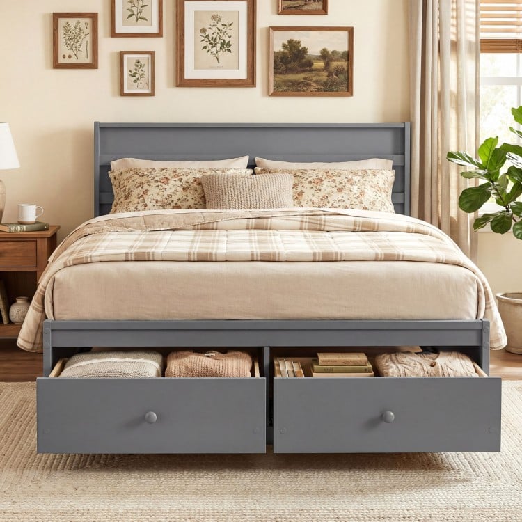 Full Size Wooden Platform Bed Frame with Storage Drawers-Gray