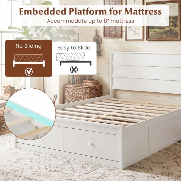 Full Size Wooden Platform Bed Frame with Storage Drawers-White