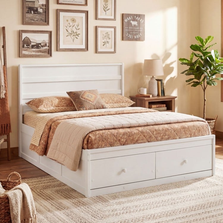Full Size Wooden Platform Bed Frame with Storage Drawers-White