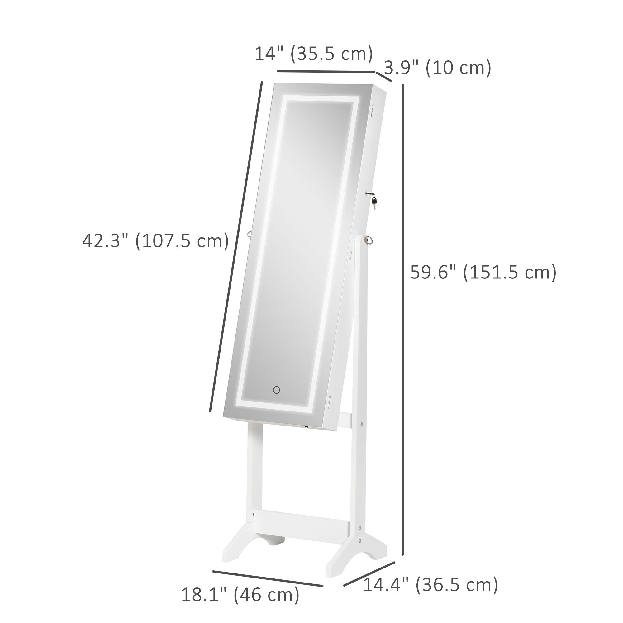 HOMCOM Lockable Jewelry Cabinet: With LED Light, Full-Length Mirror for Bedroom, Dressing Room, White