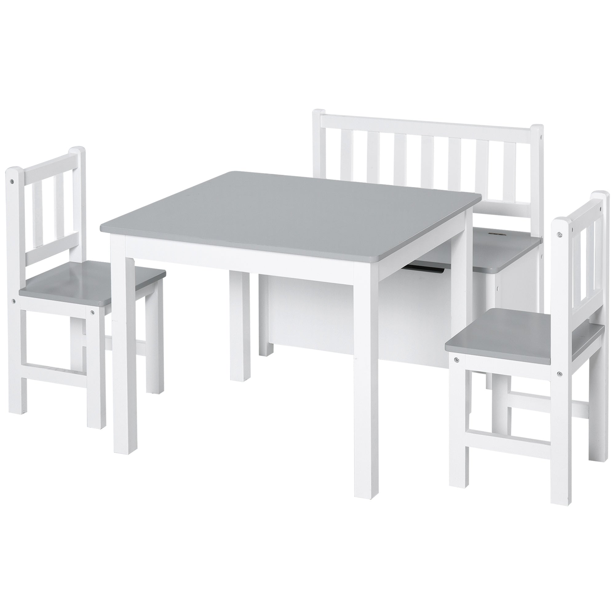 Qaba 4-Piece Kids Table Chair Bench Set: With Storage, Easy Clean, Grey/White for Boys & Girls