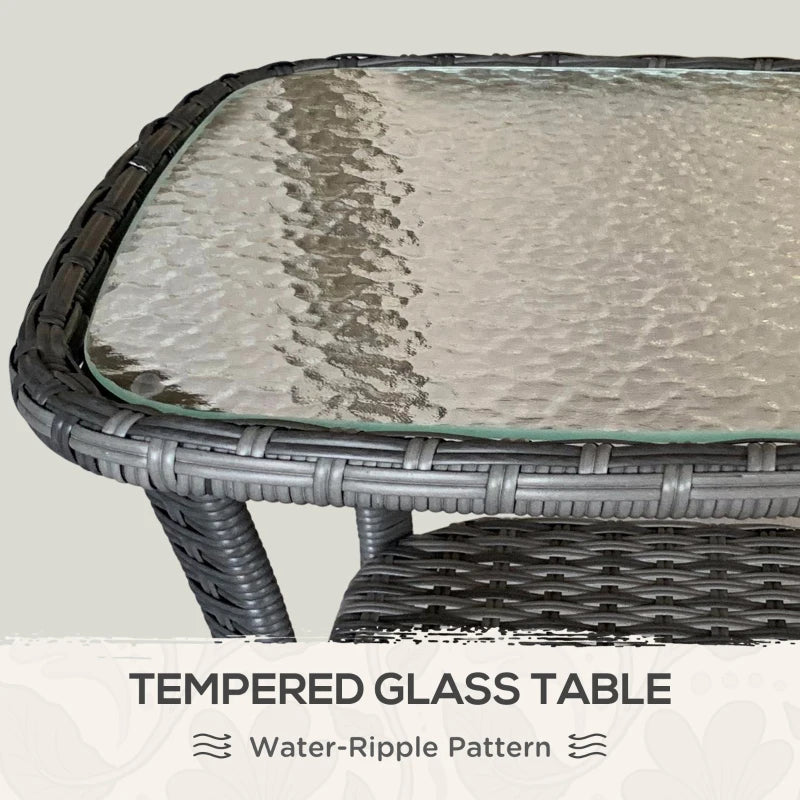 Outdoor Coffee Table with Storage Shelf, Hand-Woven Wicker Side Table with Water-Ripple Glass Top, Mix Grey