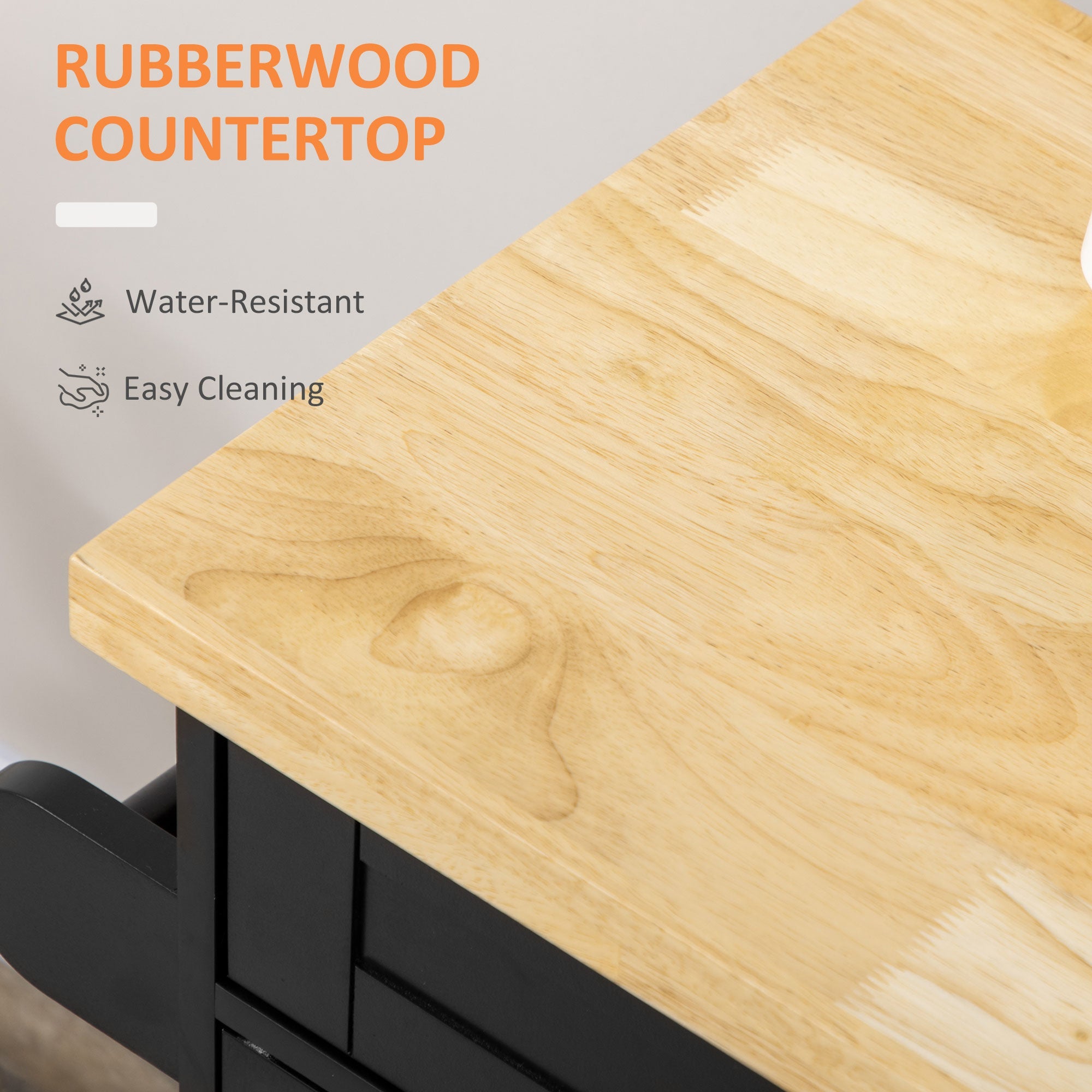 HOMCOM Kitchen Island with Storage, Rolling Cart Trolley with Rubberwood Top, Adjustable Shelf, Drawer, Spice Rack, Black