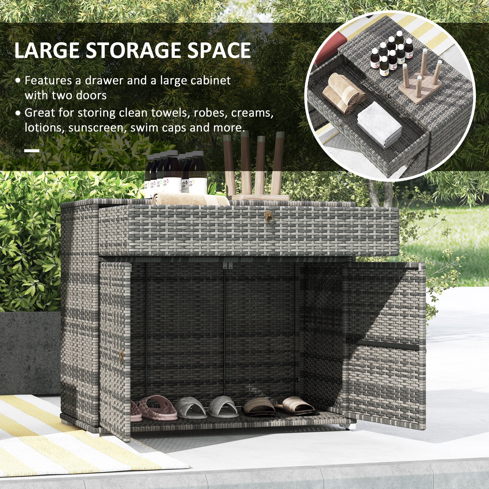 Outsunny Outdoor Storage Cabinet, Wicker 2-Door Pool Towel Storage Cabinet with Drawer, PE Rattan Pool Organizer, Grey