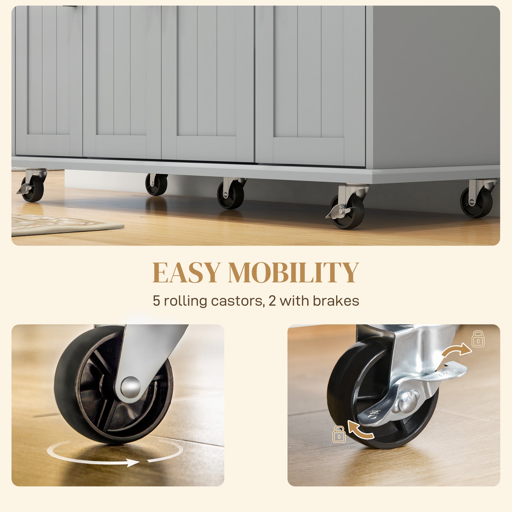 HOMCOM Modern Rolling Kitchen Island Cart with Drawers, Natural Wood Top, Towel Rack, Door Storage Cabinet, Grey