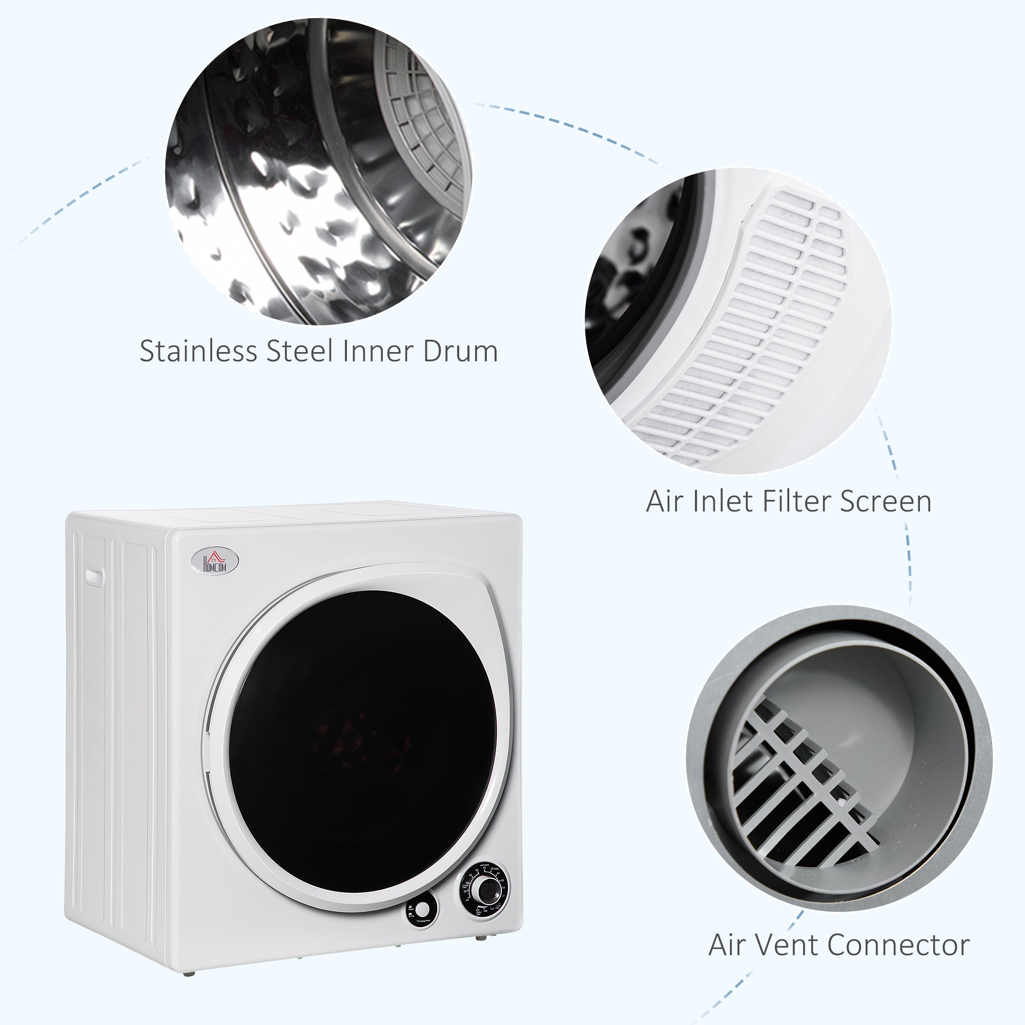 HOMCOM Compact Laundry Dryer, 1350W 13lbs Portable Dryer with 5 Drying Modes,Stainless Steel Tub for Apartment, Home, Dorm, White