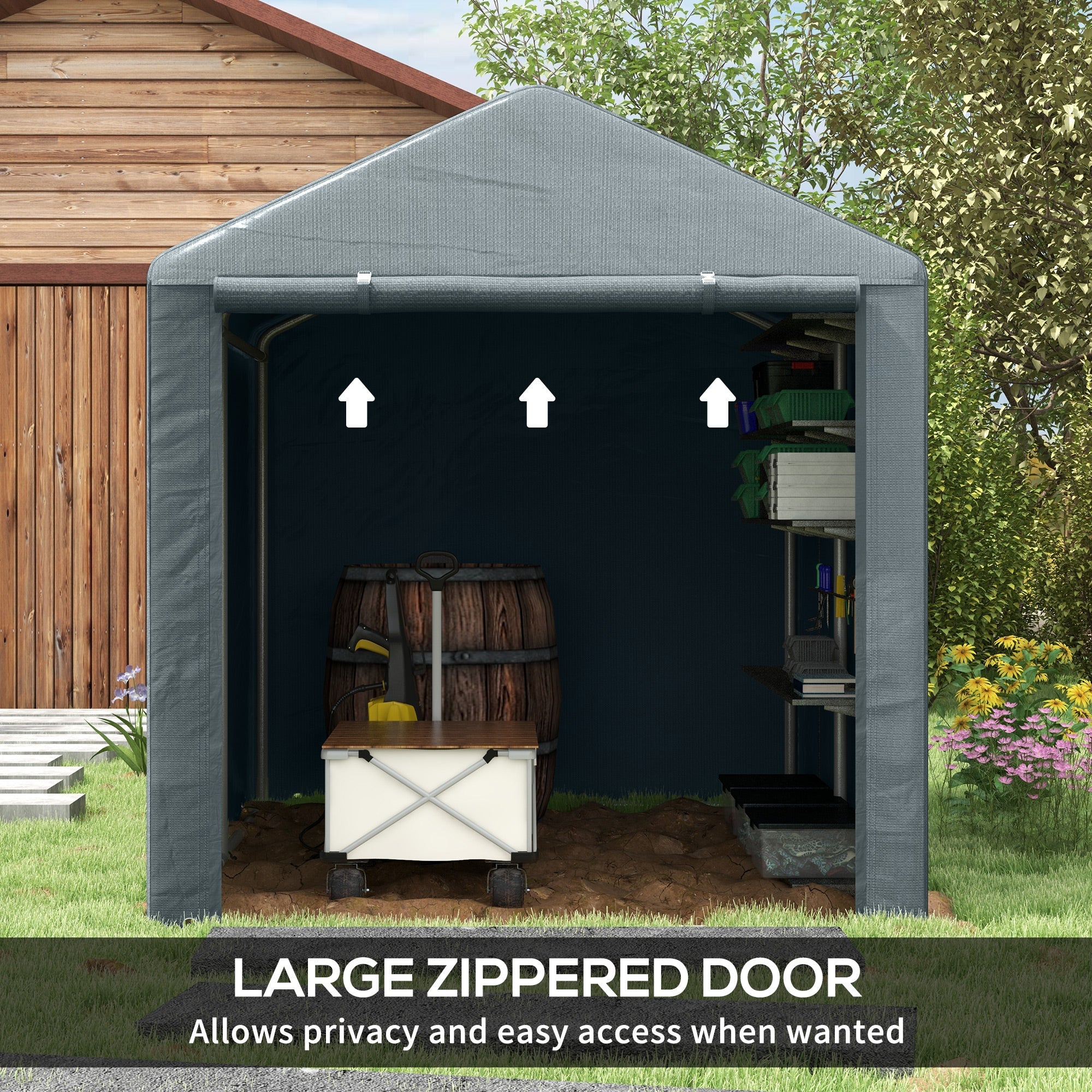 Outsunny Portable Bicycle Shed with Galvanised Steel Frame and Large Door, Waterproof Outdoor Shed for Garden Tools, Dark Grey