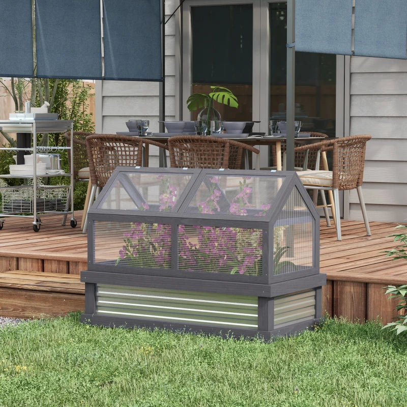 Raised Garden Flower Bed Kit with Greenhouse, Wooden Cold Frame Planter with Open Roofs, 48" x 24" x 32", Grey