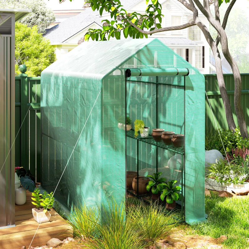 Walk-in Greenhouse Outdoor Portable Plant Flower Growth Warm House with Roll-up Door, 73" x 47" x 75", Green