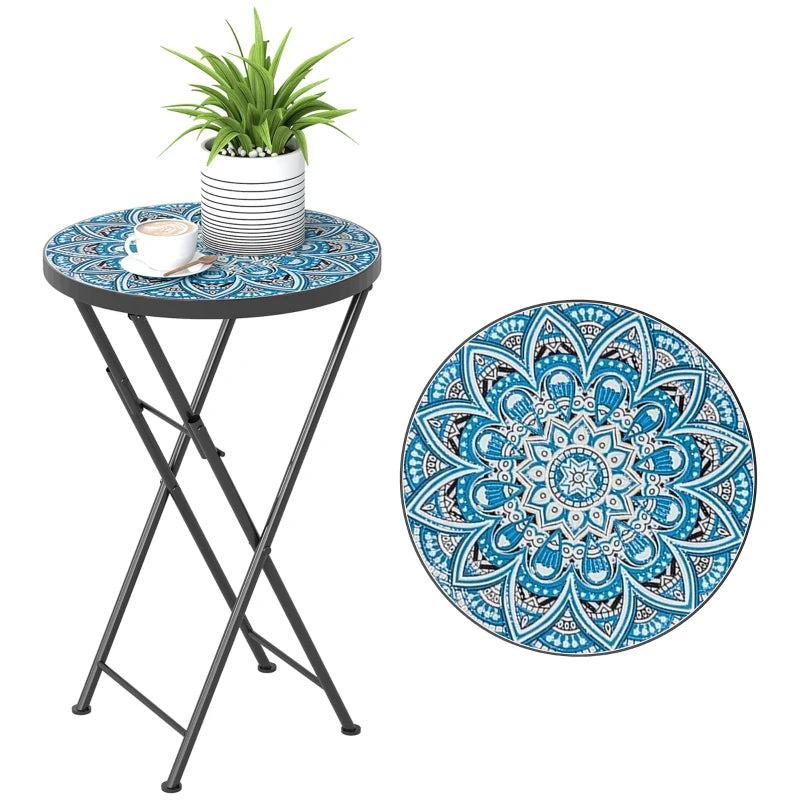 Mosaic Outdoor Patio Side Table, 14" Round Folding Outdoor Coffee Table with Steel Frame for Balcony Deck Patio Terrace, Blue