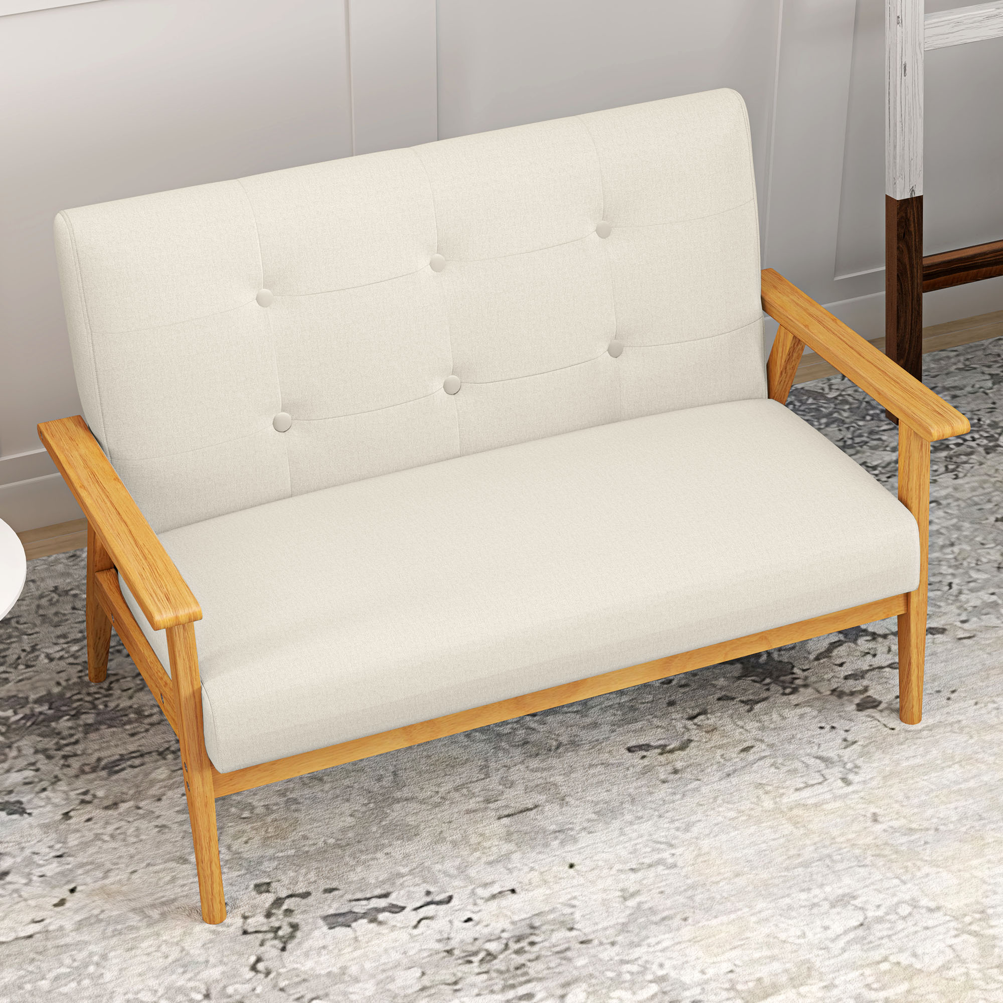HOMCOM 45" 2 Seat Sofa, Upholstered Two Seater Couch with Rubber Wood Legs for Bedroom, Living Room, Beige