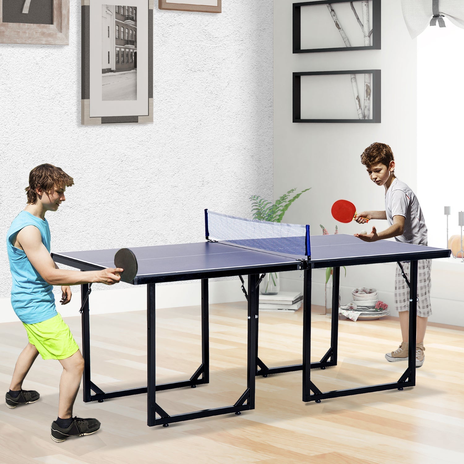 Soozier Compact Midsize Table Tennis Table 6x3ft Free Standing Folding Family Ping-pong Table Blue