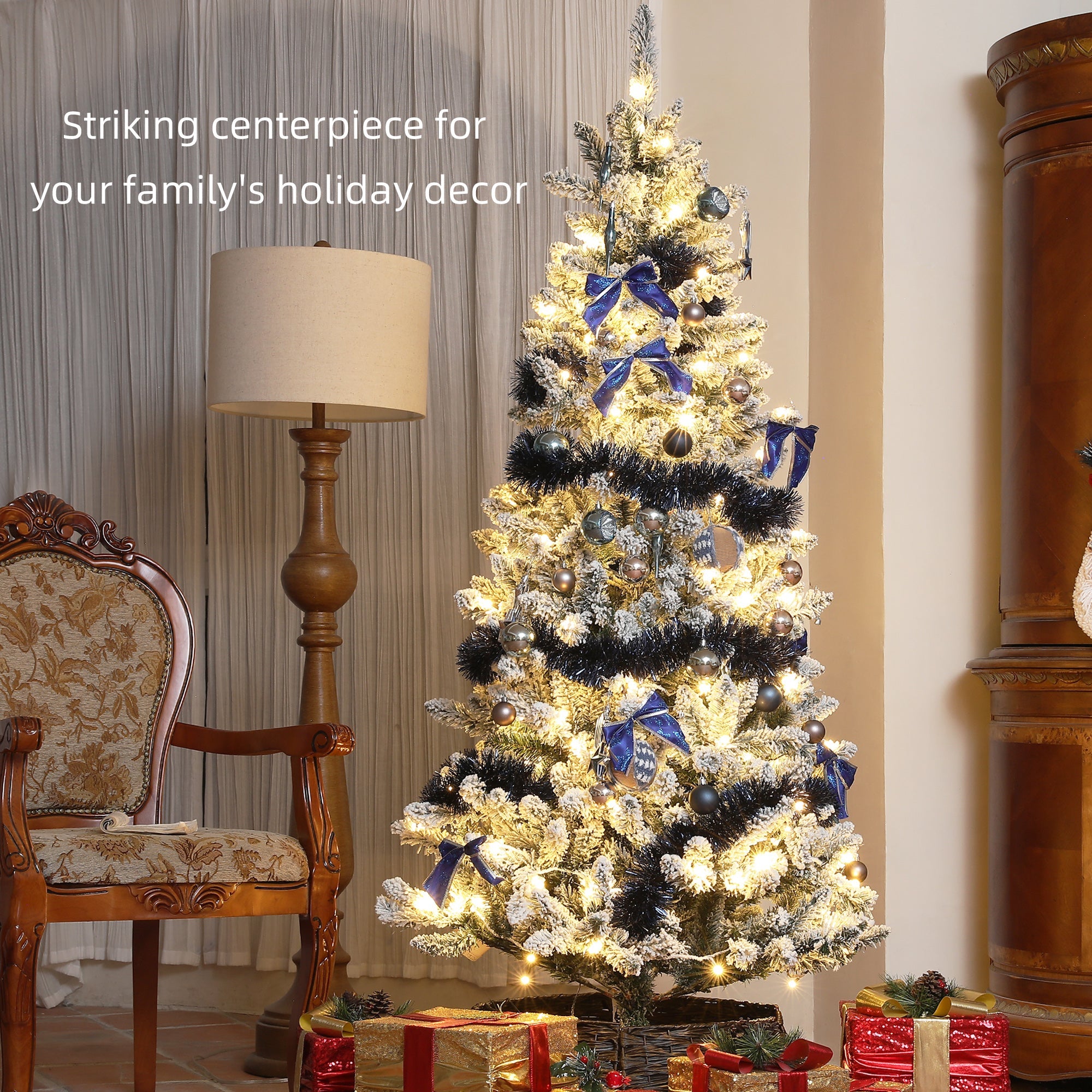 HOMCOM 6ft Prelit Artificial Christmas Tree with Blue Ornaments, Flocked Christmas Tree with LED Lights for Home Office