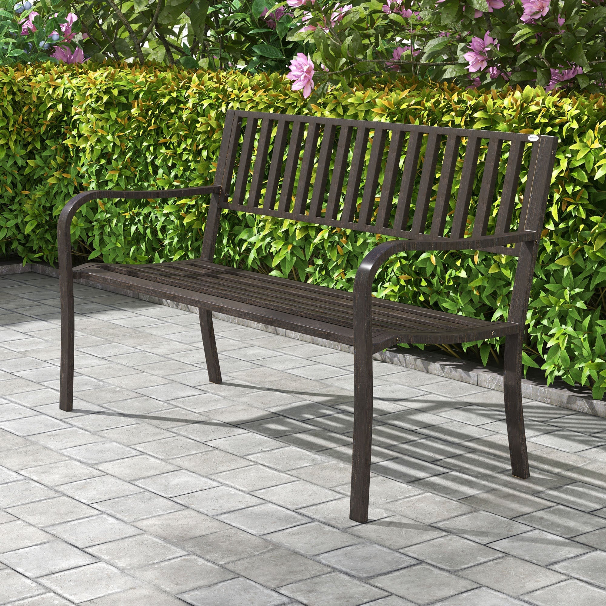 Outsunny Steel Garden Bench 50" Patio Metal Park Chair Ergonomic Design Brown