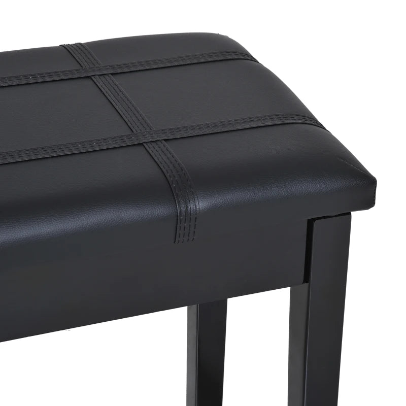 Classic Piano Bench Stool, PU Leather Padded Keyboard Seat with Rubber Wood Legs and Music Storage Compartment, Banded Seat, Black