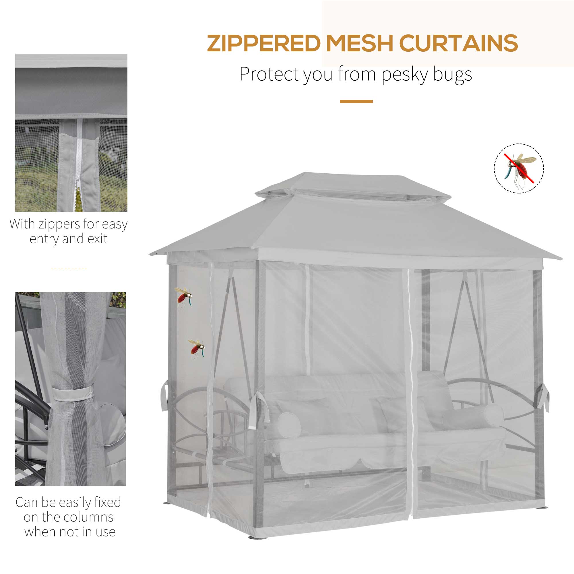 Outsunny 3 Person Outdoor Patio Daybed, 3 in 1 Canopy Gazebo Swing Chair Garden Hammock with Mesh Mosquito and Sun Shade, Grey