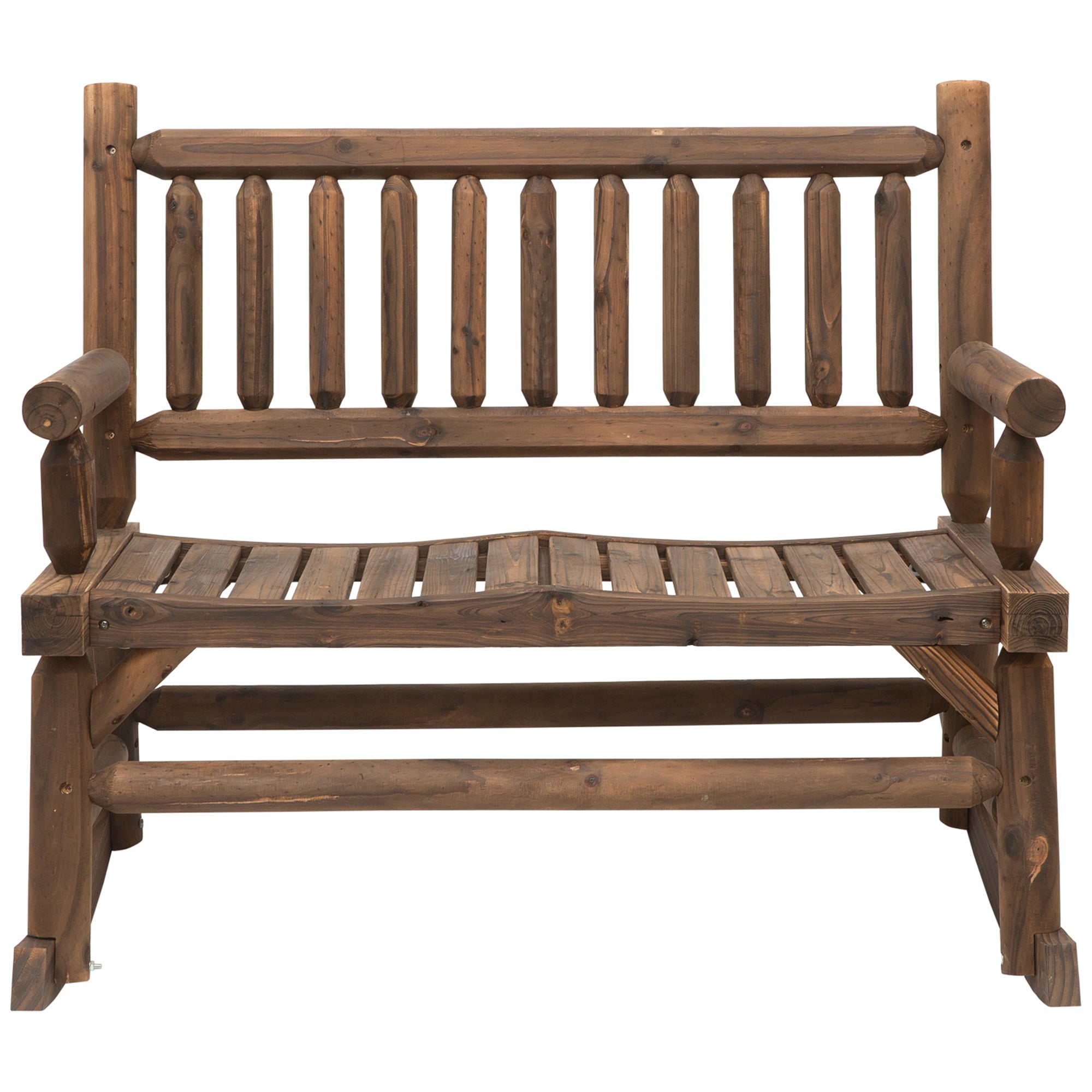 Outsunny Rustic Serenity: Outdoor Rocking Bench, 2-Person Wood Patio Rocker with Slat Back and Seat, Carbonized Finish