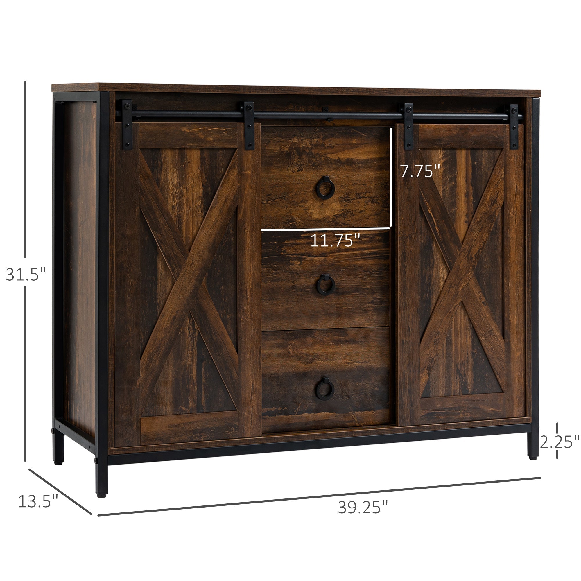 HOMCOM Rustic Brown Industrial Cabinet: Kitchen Sideboard with Sliding Barn Doors, 3 Drawers & Adjustable Shelves