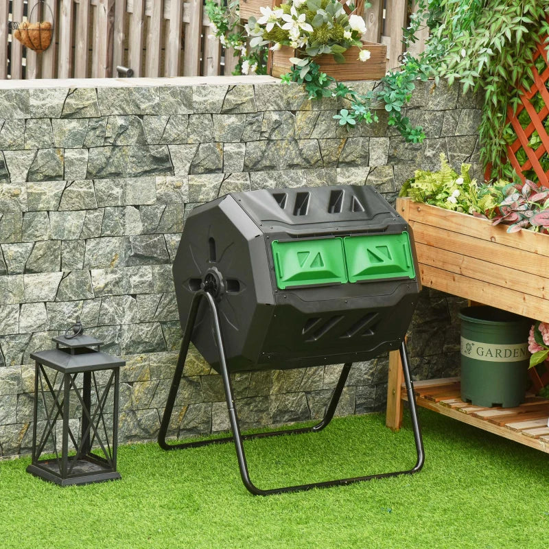 Tumbling Compost Bin Outdoor Dual Chamber 360° Rotating Composter 43 Gallon with Sliding Doors, Green
