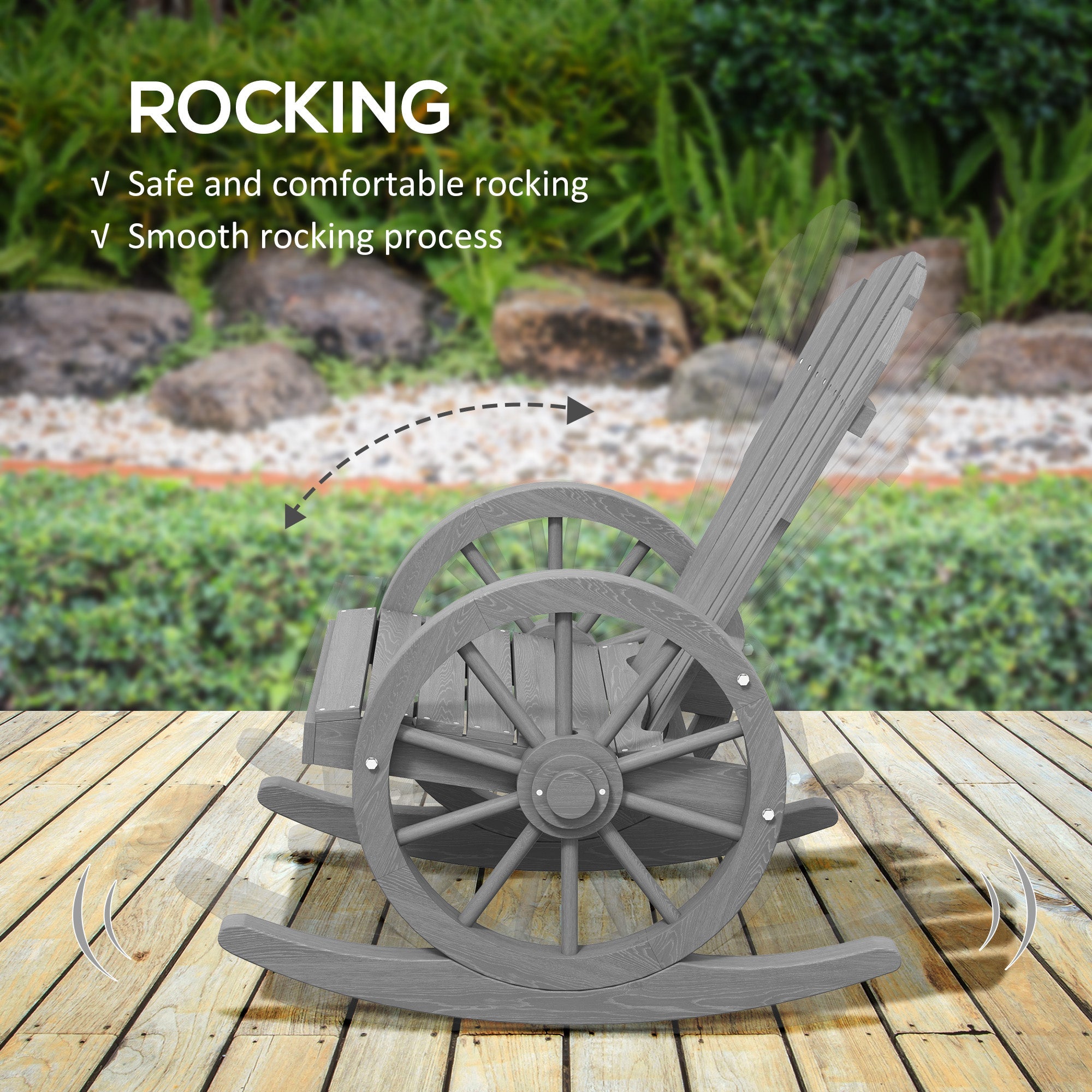 Outsunny Patio Wooden Rocking Chair, Wagon Outdoor Rocker Chair with Slatted Design and Wheel Armrests for Garden, Grey