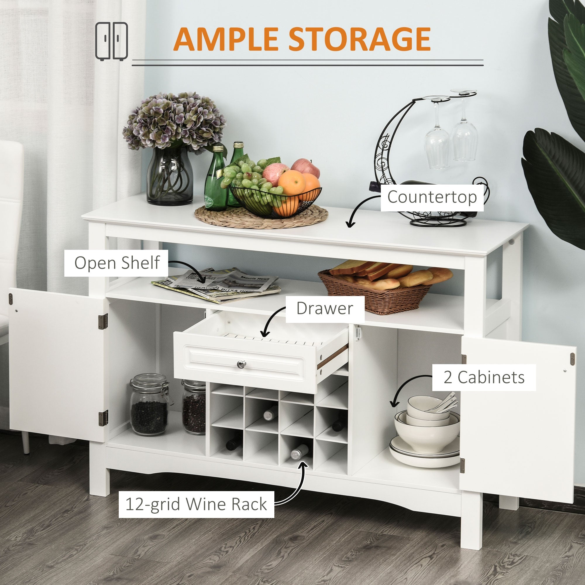 HOMCOM White Buffet Credenza: Sideboard Bar Cabinet Storage Cabinet with Drawer for Kitchen, Living Room, Bright White