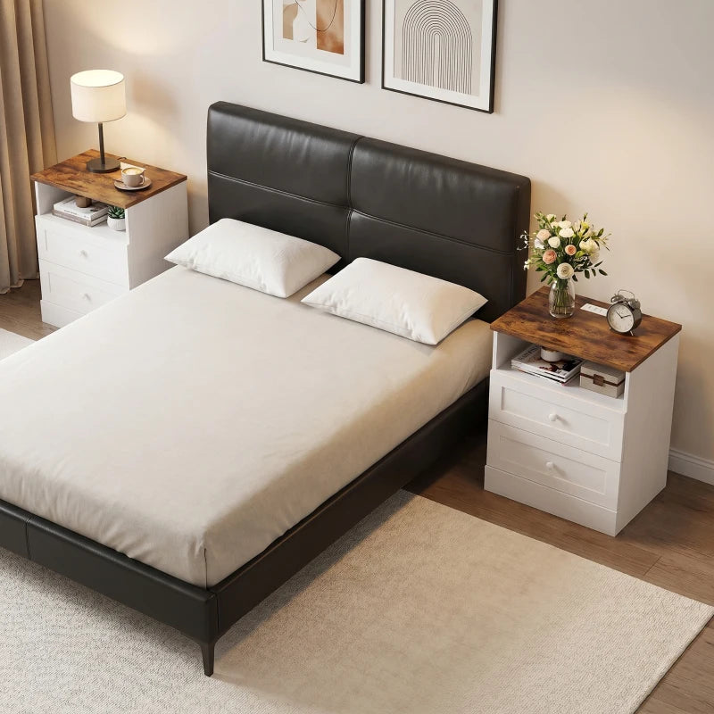 HOMCOM Nightstand Set of 2 with Charging Station, Bedside Tables with 2 Drawers, Open Shelf, AC Outlets, USB & USB-C Ports, White & Oak