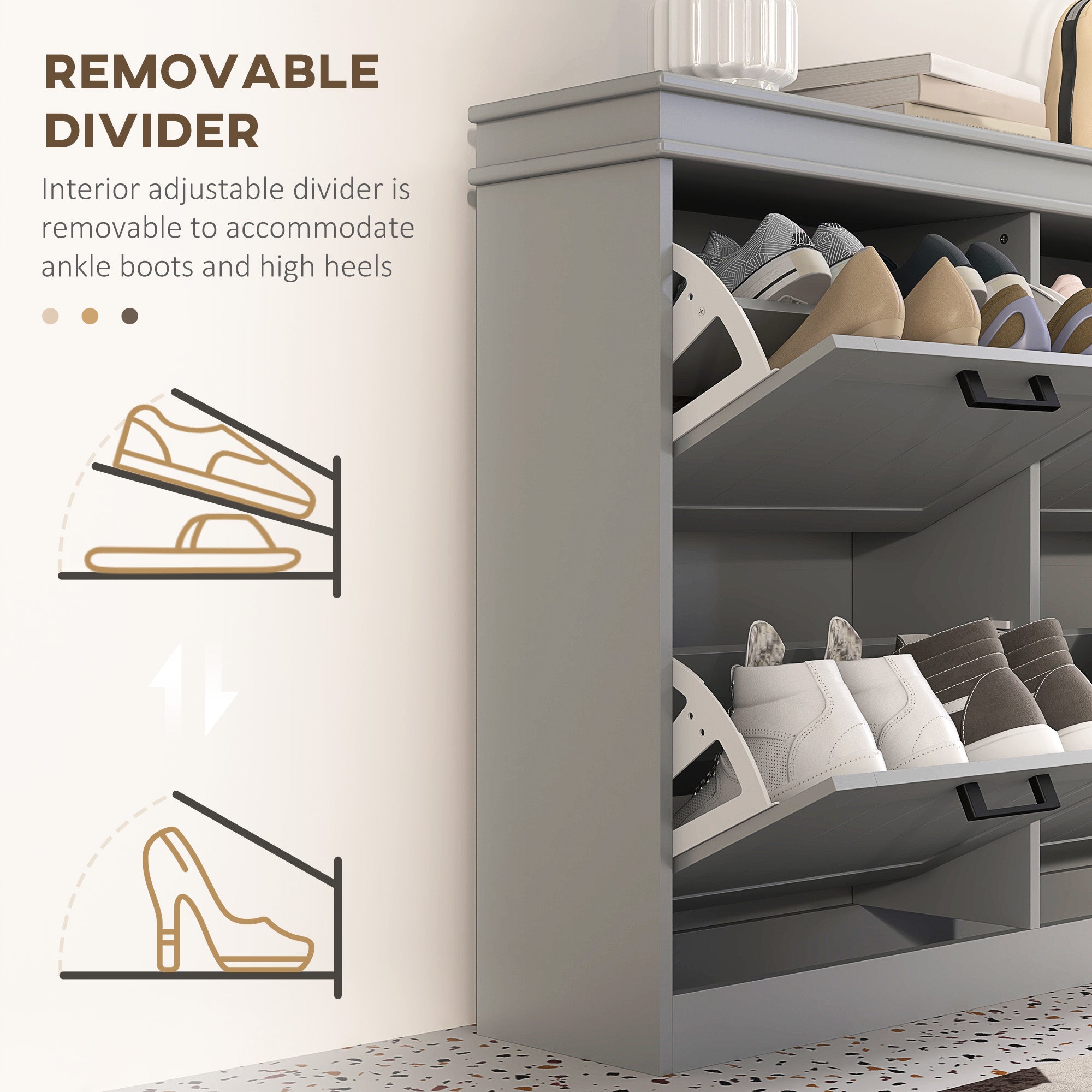 HOMCOM Shoe Storage Cabinet with 4 Flip Drawers and Adjustable Shelves, Narrow Shoe Cabinet for 20 Pairs of Shoes, Grey