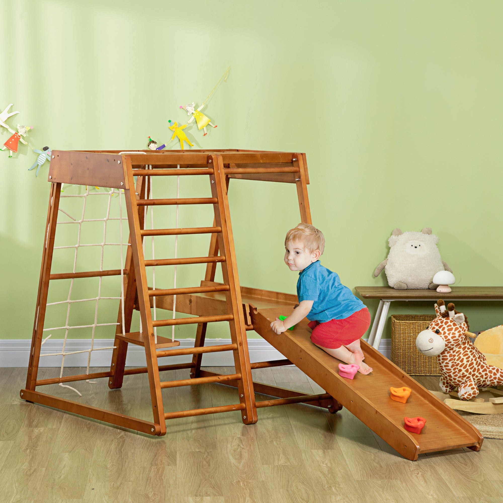 Qaba 6-in-1 Children's Jungle Gym Indoor Playground with Slide Climbing Wall Swing Monkey Bars for Kids Play Area