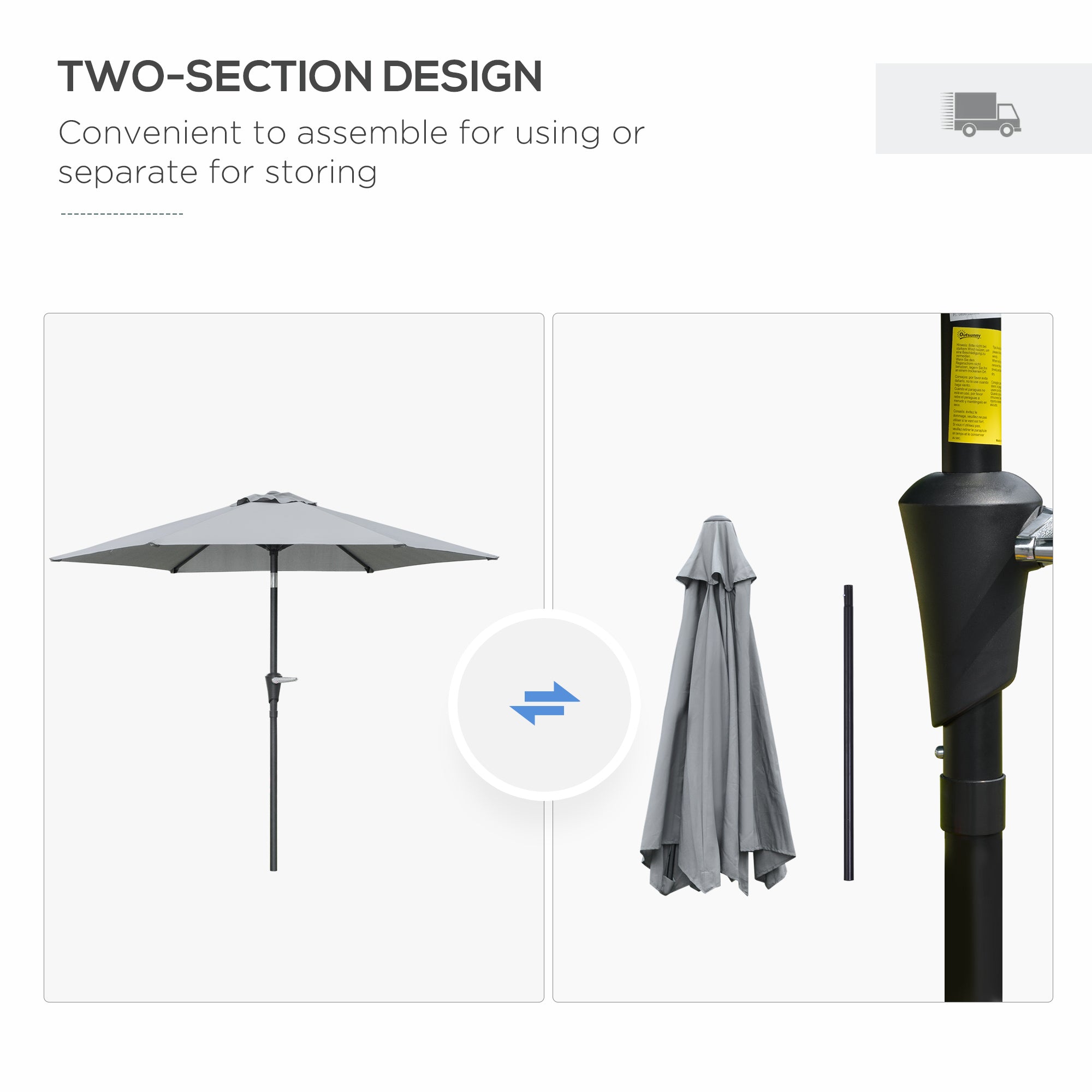 Outsunny Patio Sun Umbrella, Outdoor Parasol with 6 Ribs, Light Grey