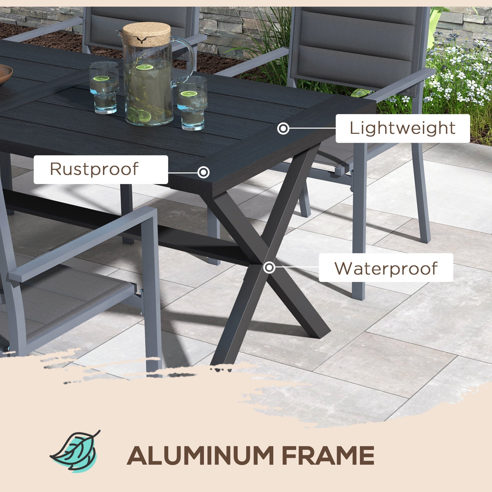 Outsunny 71" Outdoor Dining Table with X Shape Legs, Aluminium Frame Rectangular Darden Table for 4, for Backyard, Black