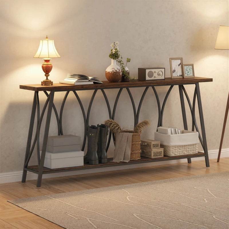 71" Console Table, Industrial 2-Tier Narrow Entryway Table with Metal Frame for Living Room, Hallway, Rustic Brown