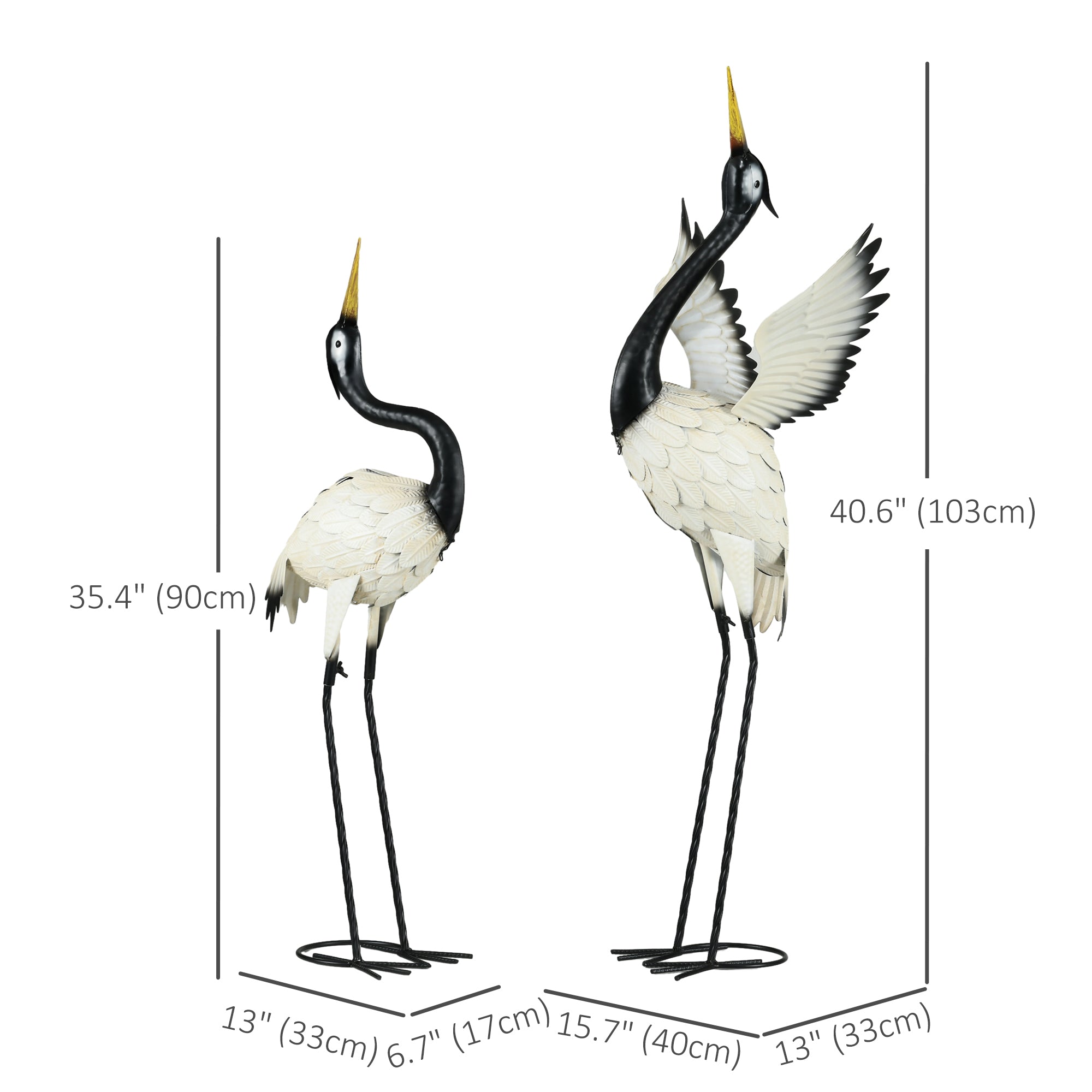 Outsunny 2pc Garden Heron Statues Metal Lawn Ornaments for Patio Backyard Decor White and Black