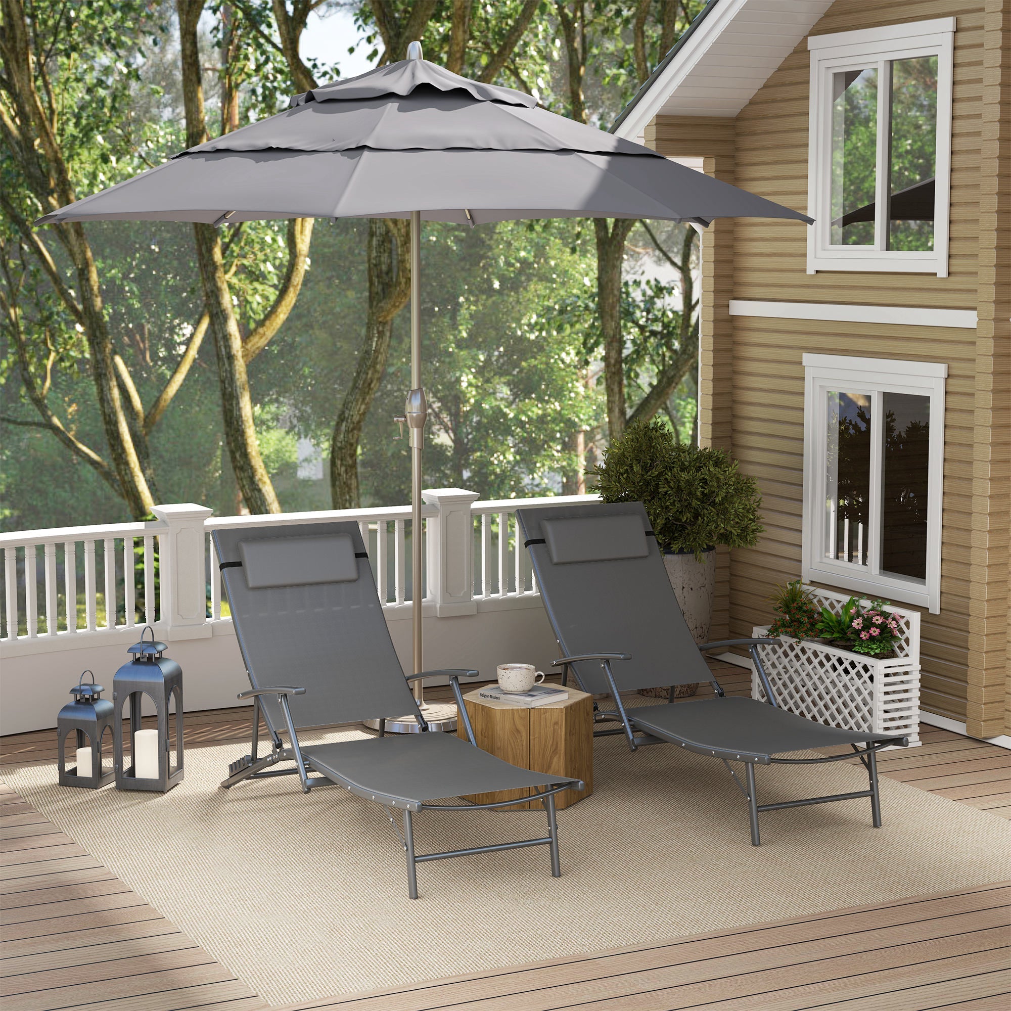 Outsunny Set of 2 Chaise Lounge Chairs, Folding Tanning Chair with Pillow, Outdoor Sun Lounger for Patio, Garden, Beach, Grey