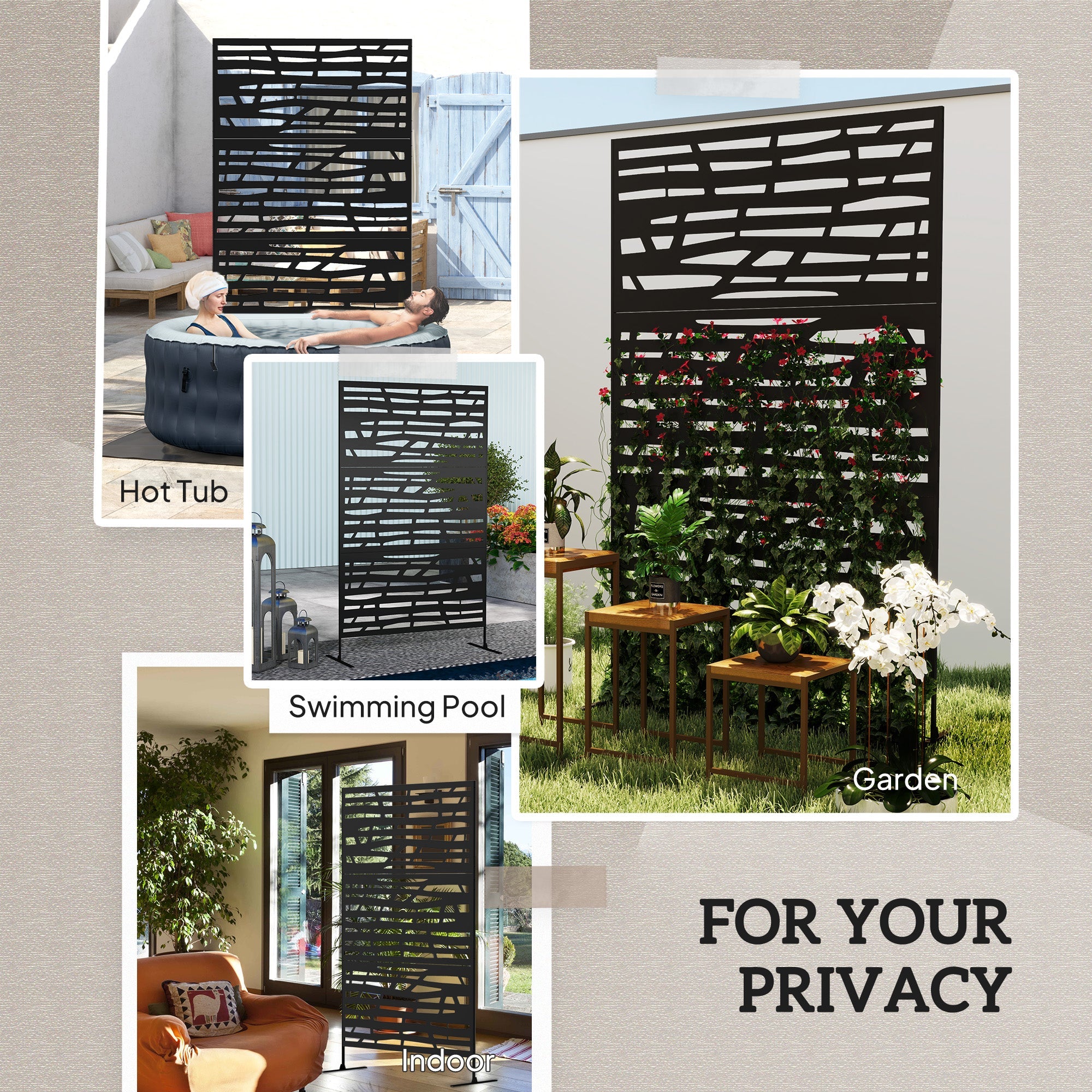 Outsunny Decorative Outdoor Privacy Panel with Stand, Freestanding Metal Outdoor Divider for Garden, Backyard, Deck, Black