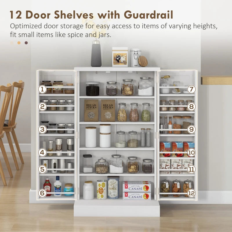 Freestanding Kitchen Pantry Storage Cabinet Kitchen Cabinet with 5-Tier Shelf 12 Spice Racks Adjustable Shelves White