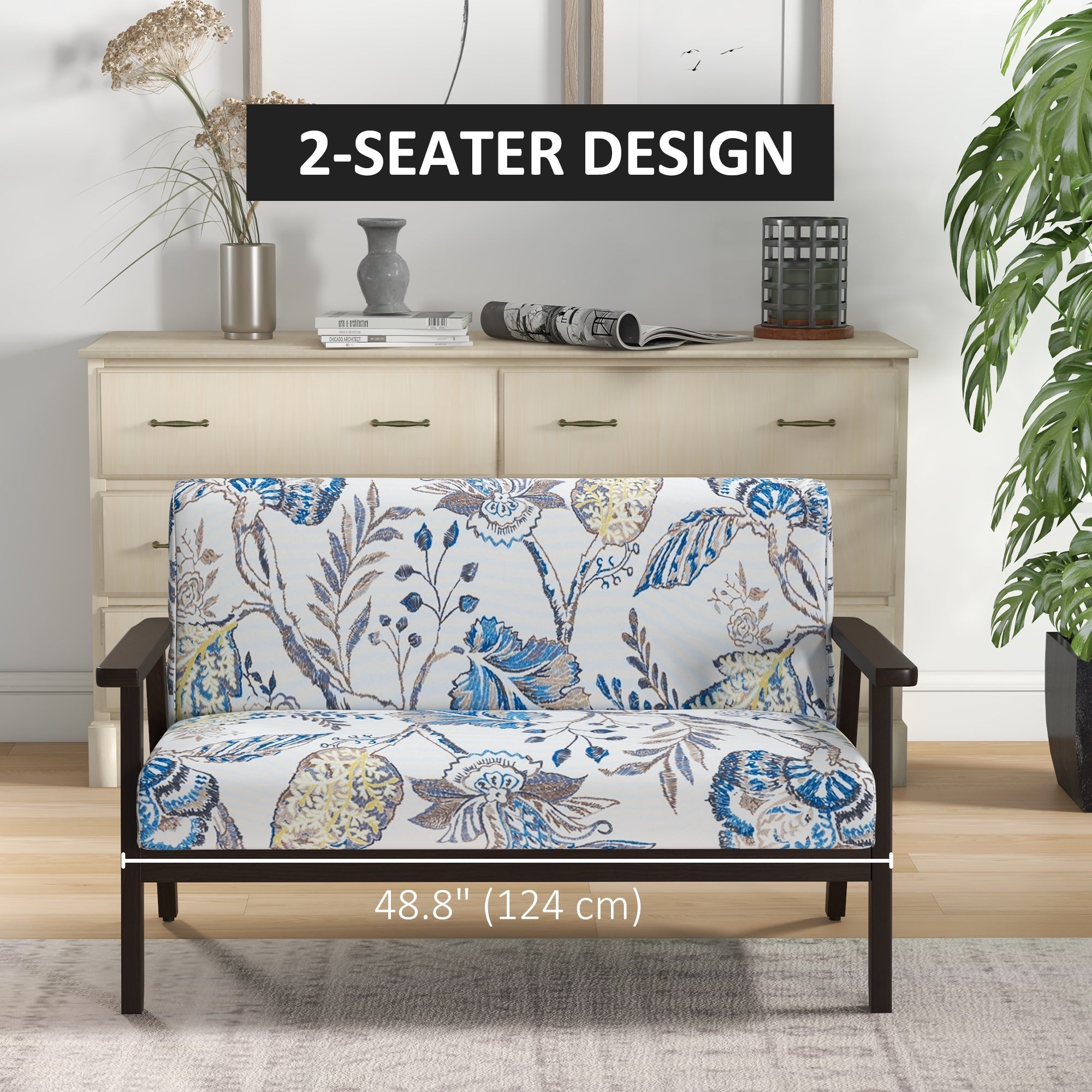 HOMCOM Compact Loveseat Sofa Couch Linen Fabric Double Seat Sofa with Rubber Wood Frame Multicolour