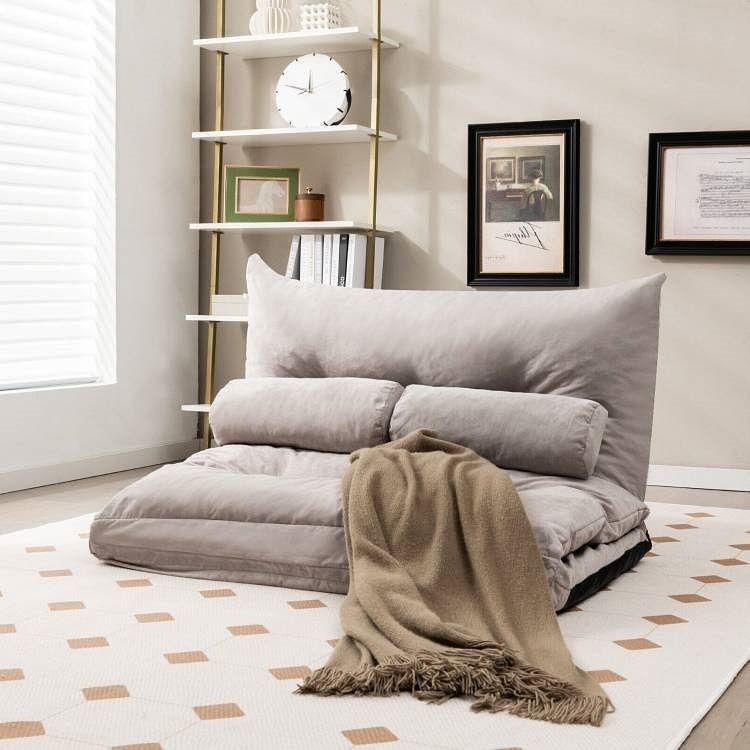 Modern Adjustable Floor Lounger Chair Sofa Bed with 2 Pillows in Grey - Free Shipping