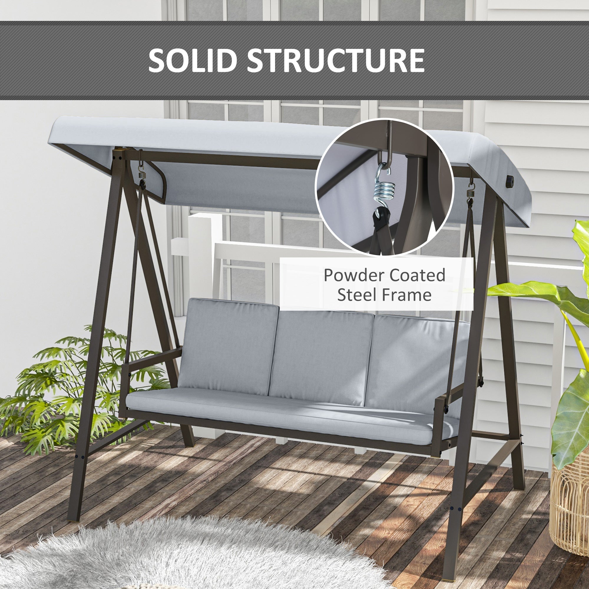 Outsunny 3 Seater Patio Swing Chair, Porch Swing with Adjustable Canopy and Removable Cushions, Outdoor Swing Seat, Light Grey
