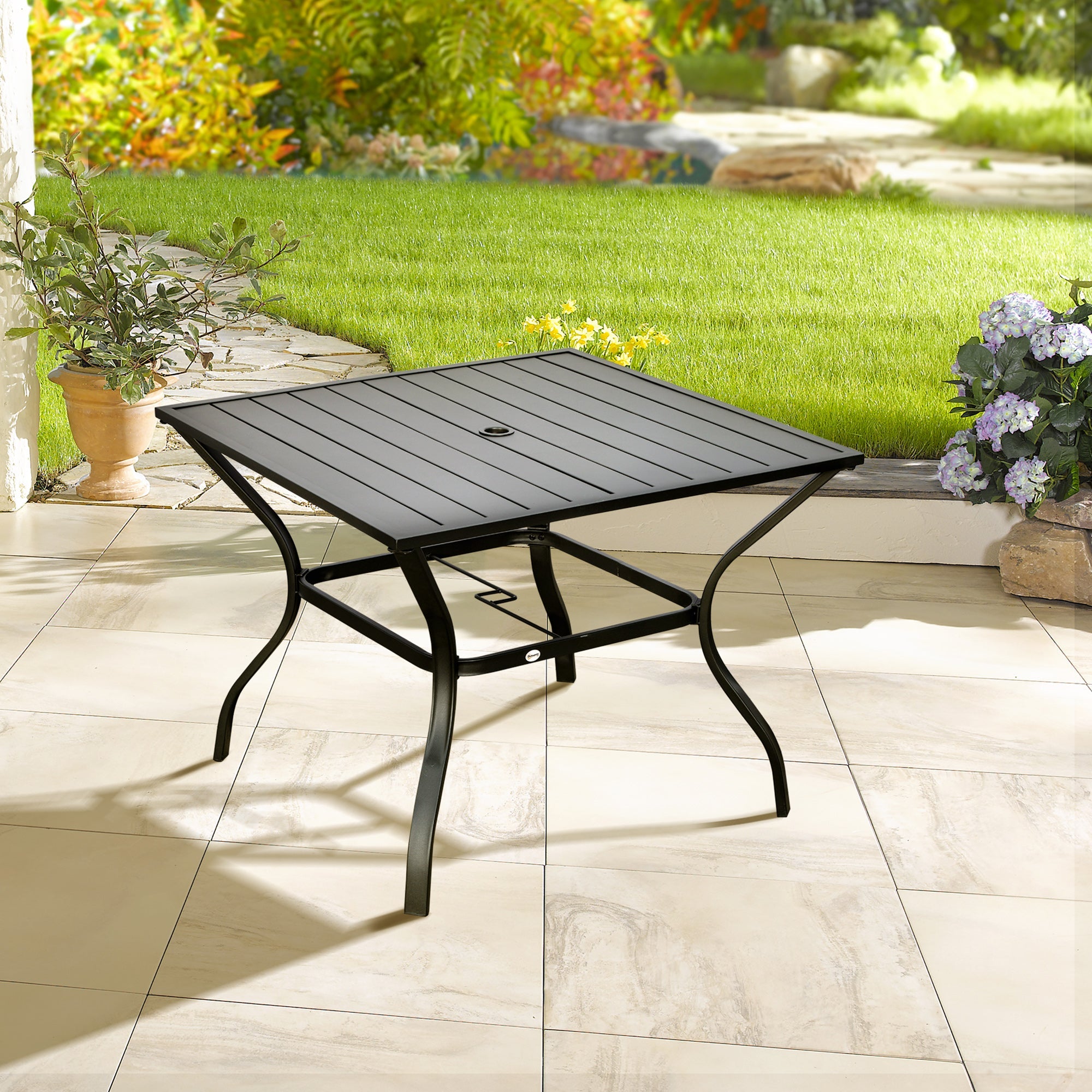 Outsunny Alfresco Dining: 4-Person Outdoor Dining Table with Parasol Hole, Patio Table, Slatted Metal Top for Garden Backyard, Black