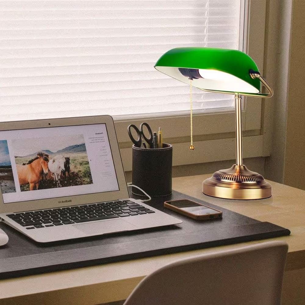Classic Brass Bankers Lamp Desk Light Table Lamp with Green Glass Shade - Free Shipping