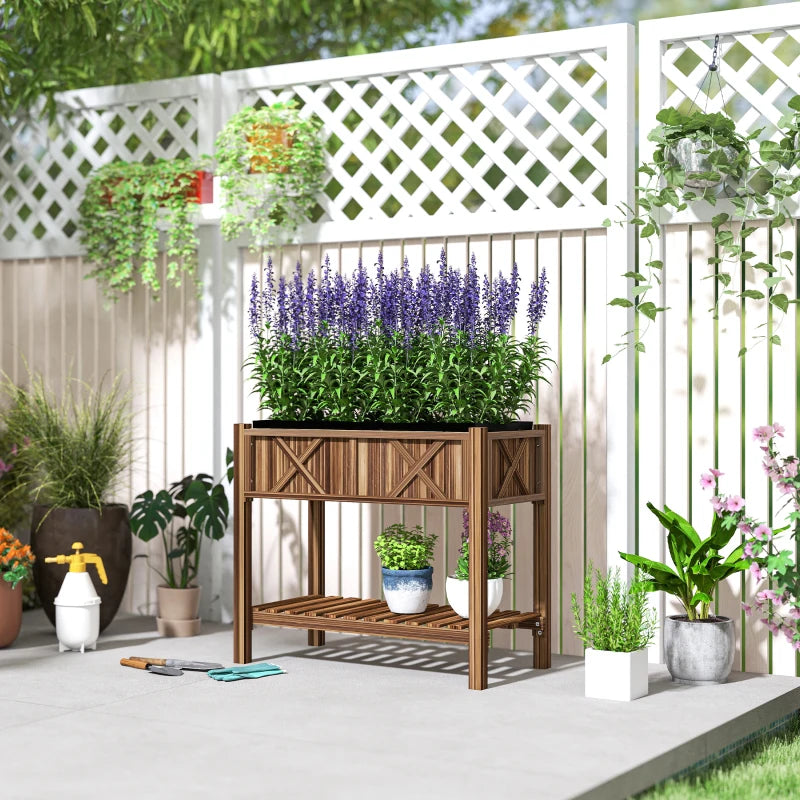 Wooden Raised Garden Bed, Elevated Planter Box with Storage Shelf, Drainage Holes and Liner, 34"x18"x30", Carbonized