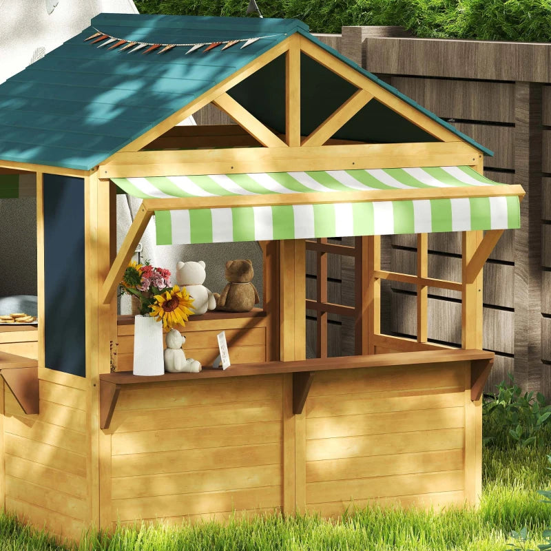 Qaba Wooden Foldable Outdoor Playhouse for Kids Ages 3-8, Snack Bars, Working Door, Rain Covers, Blackboards, Brown