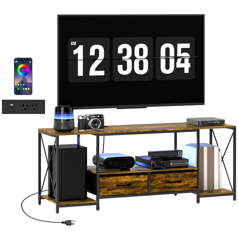 Industrial TV Stand for up to 55 Inch TV, TV Console with Charging Station and RGB LED Lights, Rustic Brown