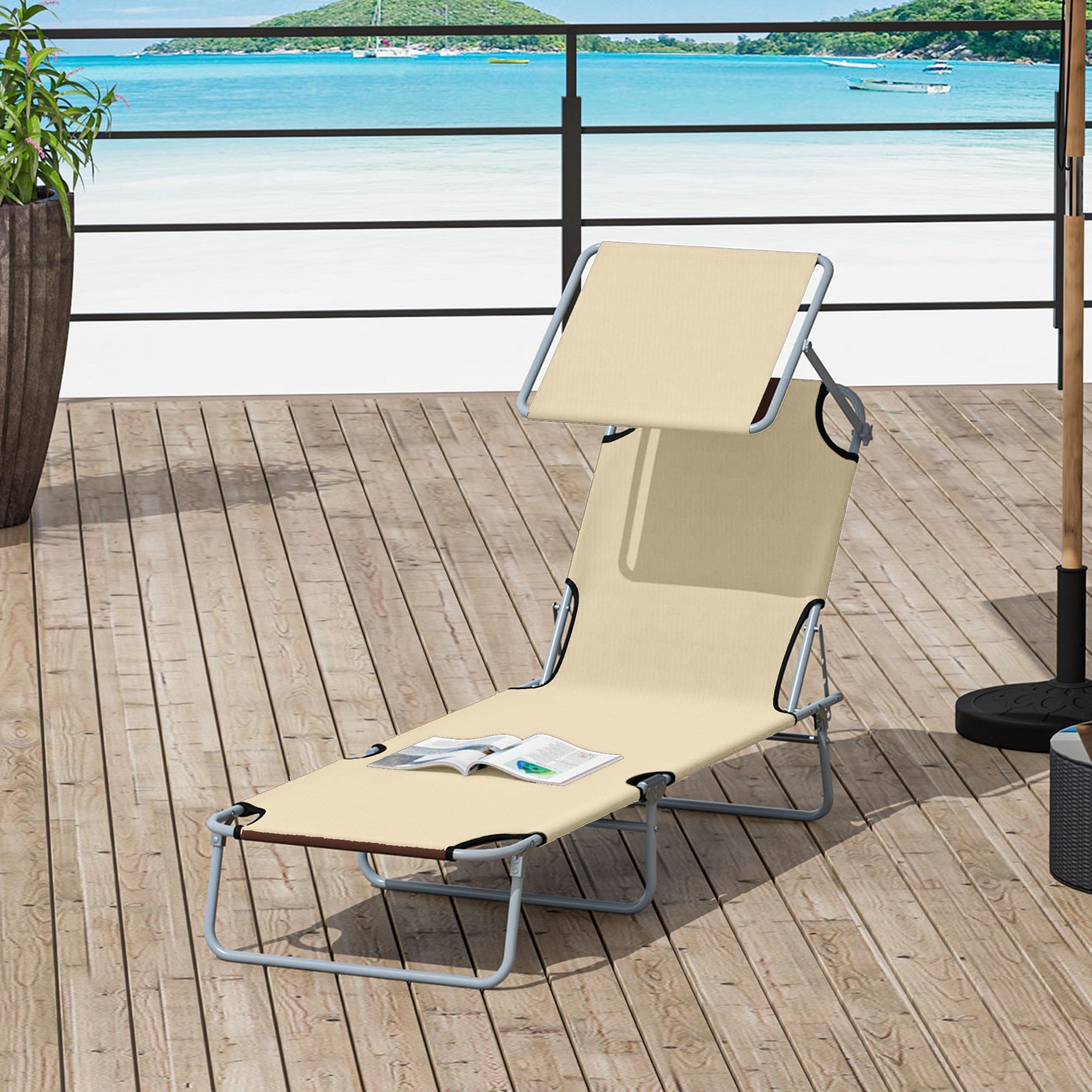Outsunny Outdoor Lounge Chair with Sun Shade Adjustable for Beach Camping Hiking Backyard Comfortable Beige