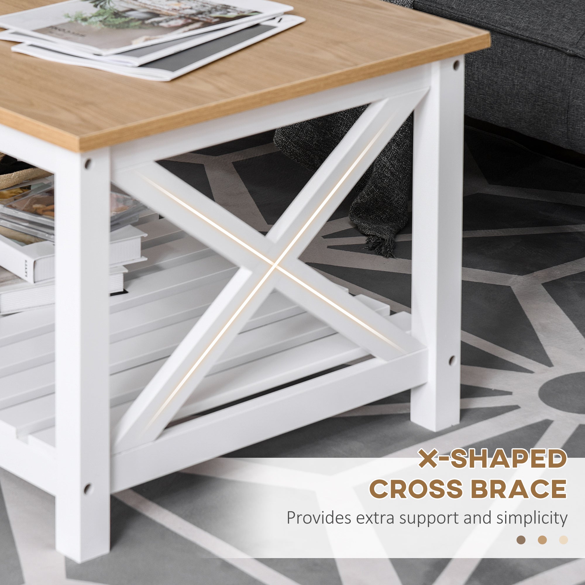 HOMCOM Farmhouse Style Coffee Table with Slatted Shelf White and Natural Center Table for Living Room