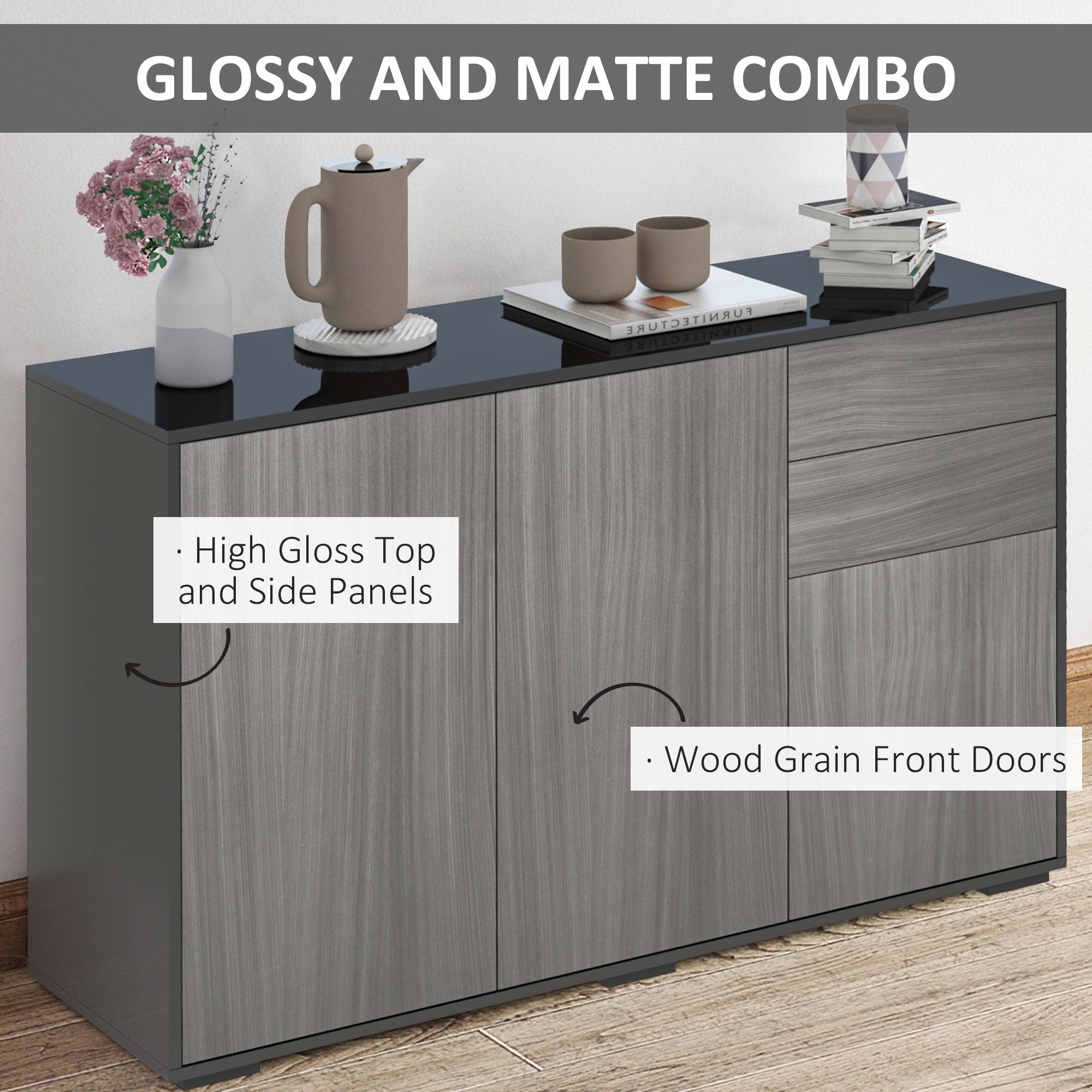 HOMCOM Coffee Companion: Kitchen Sideboard Storage Cabinet with Push-Open Drawers, Modern Design for Living Room, Black Hue