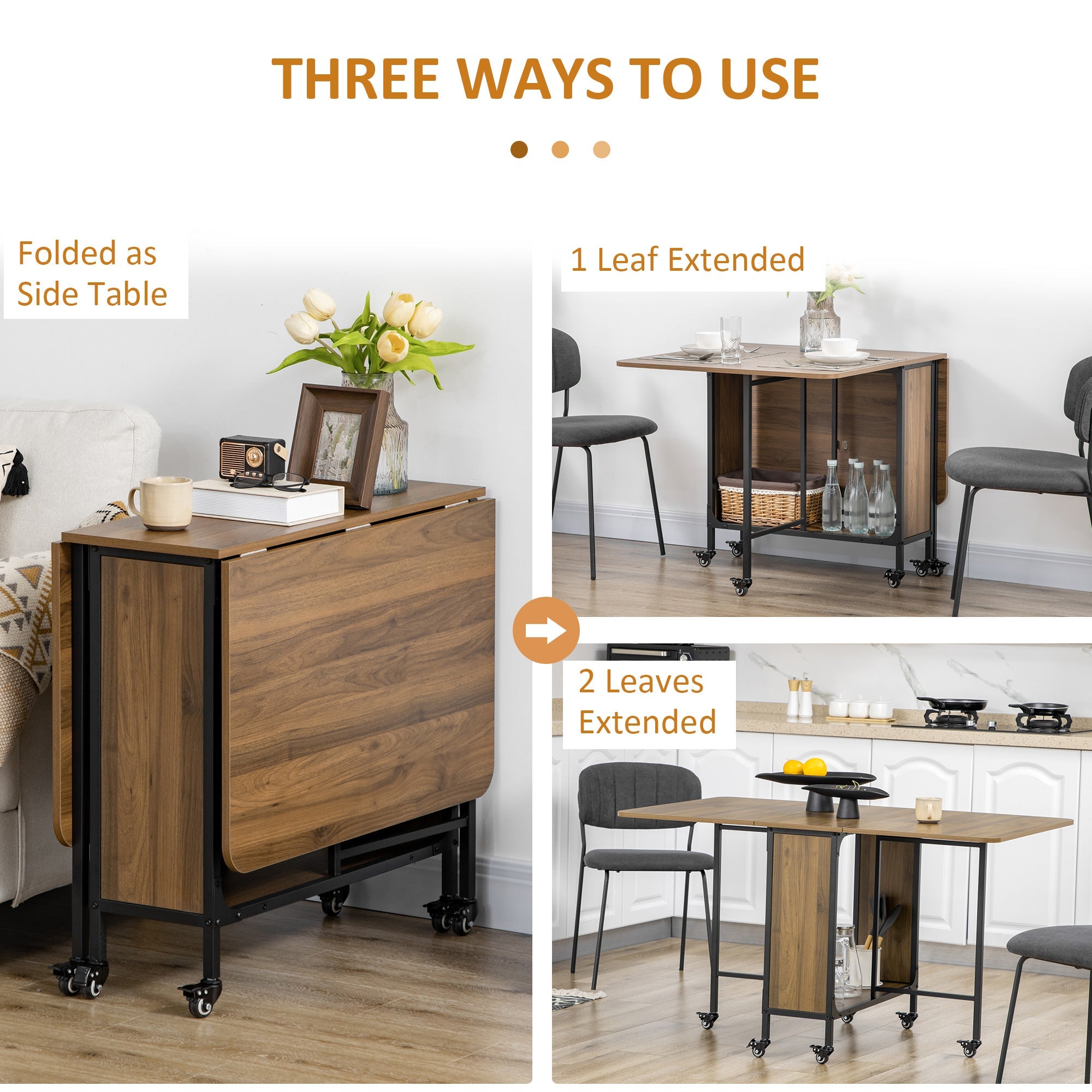 HOMCOM Mobile Folding Extendable Dining Table for Small Spaces Storage Shelf 6 Wheels Space-Saving Design
