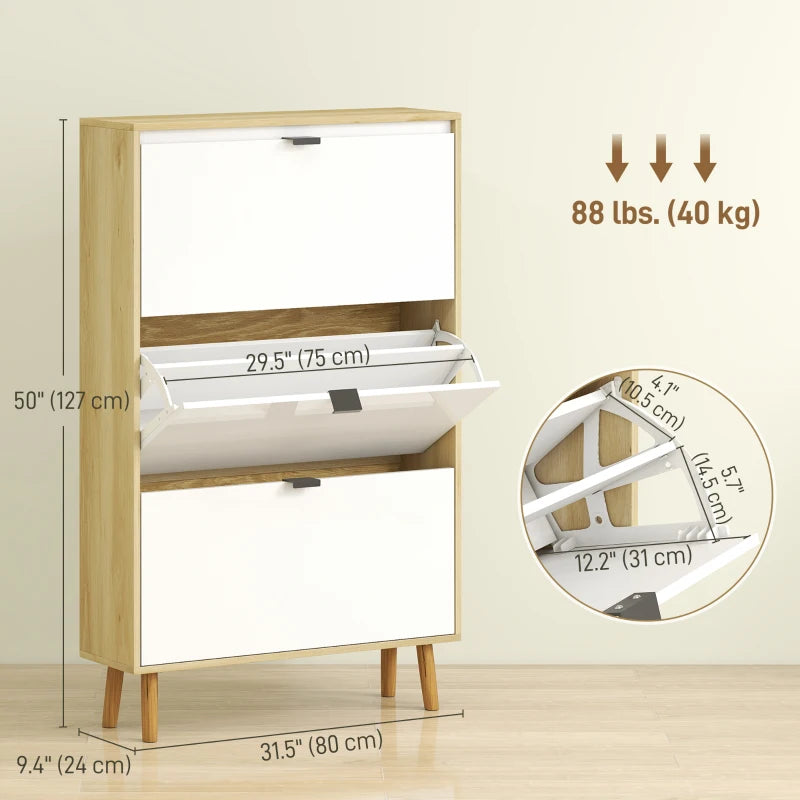 Narrow Shoe Cabinet, High Gloss Shoe Storage Cabinet with 3 Flip Drawers and Adjustable Shelves, Holds 24 Pairs, White