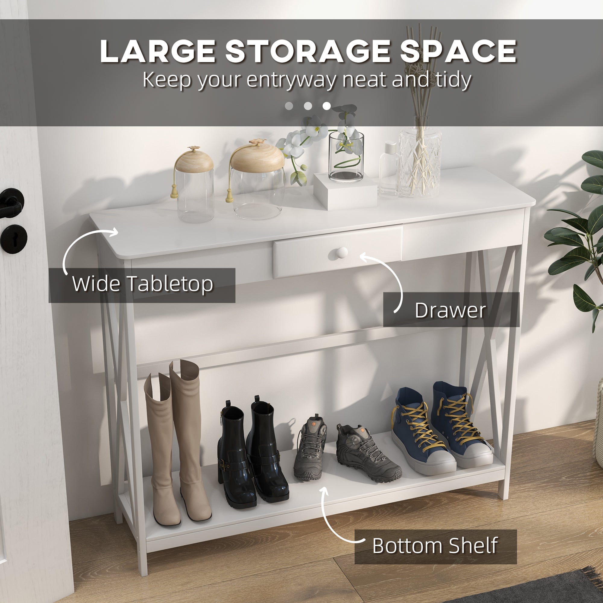 HOMCOM Narrow Console Table Entryway with Drawer Storage Shelf X-frame Slim Sofa Table for Living Room Hallway White