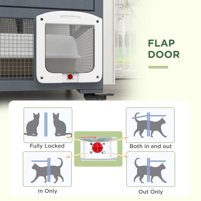 Cat Condo Wooden Indoor Cat House on Wheels with Cat Flap Door Platforms Hammock Openable Top for 2 Cats, Light Grey